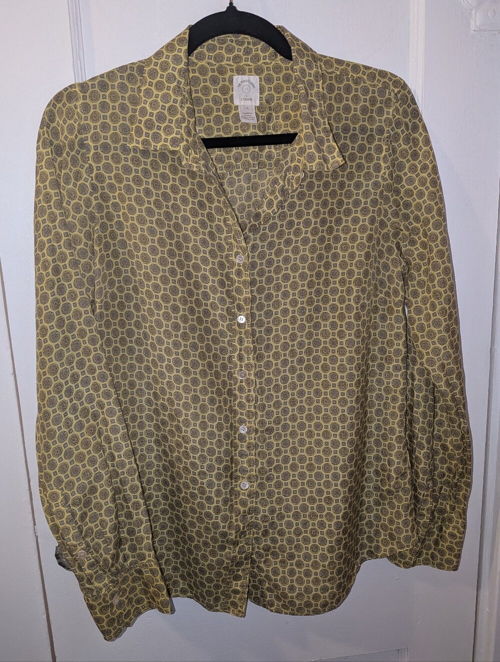 J. Crew The Perfect Shirt Light Green Geometric Button Down Silk Cotton - Size 6